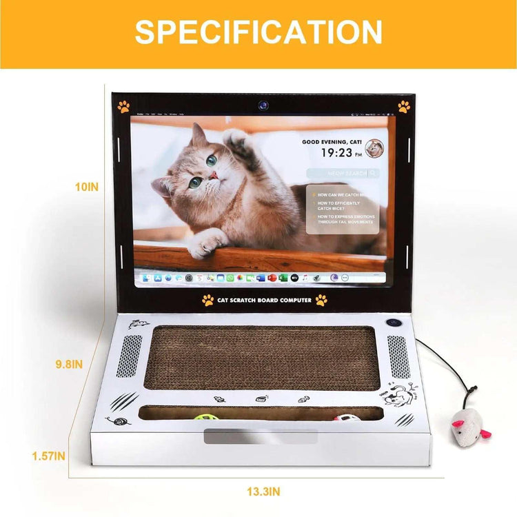 Cat scratch board toy styled like a laptop with brown cardboard scratching pad, white base, and mouse toy attached.