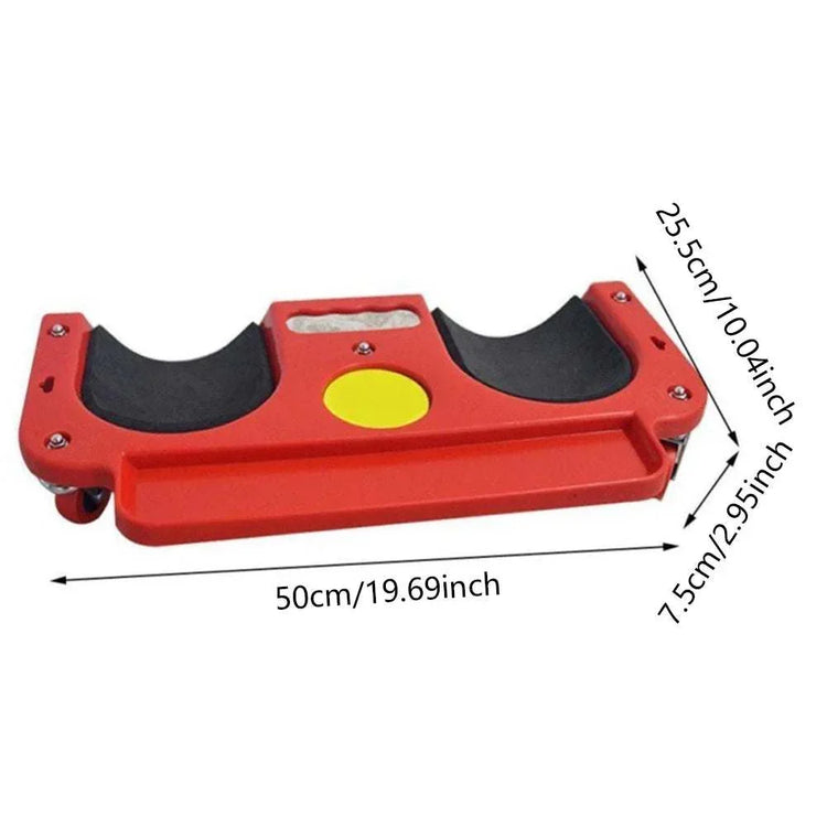 Red plastic shoe storage rack with black padding, measurements shown in centimeters and inches.