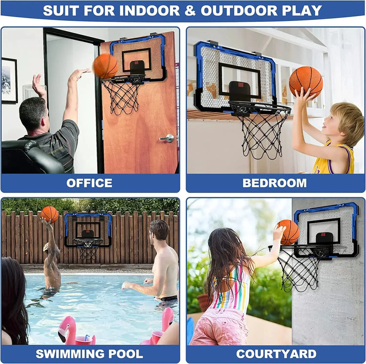 Indoor outdoor mini basketball hoop with black net, blue trim, mounted in office, bedroom, swimming pool, and courtyard settings.