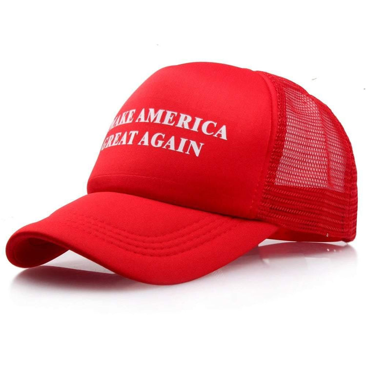 Red mesh trucker hat with curved brim and white text, bold streetwear style.
