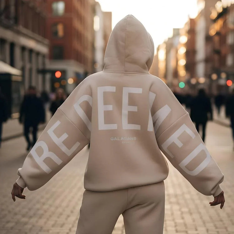 Beige oversized streetwear hoodie and joggers with bold &