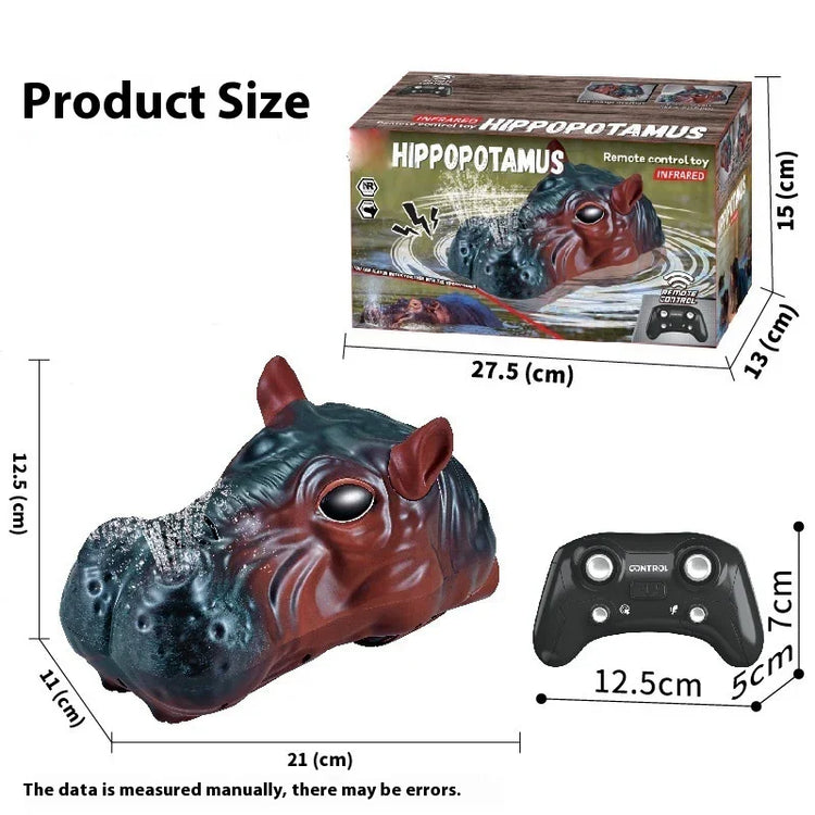 Infrared remote control hippopotamus toy with realistic design, black controller, and packaging, product size dimensions visible.