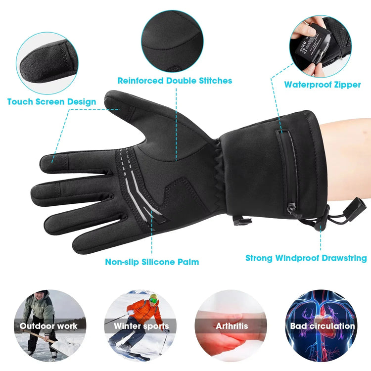 Black winter glove with touchscreen fingertips, non-slip silicone palm, waterproof zipper, and windproof drawstring.