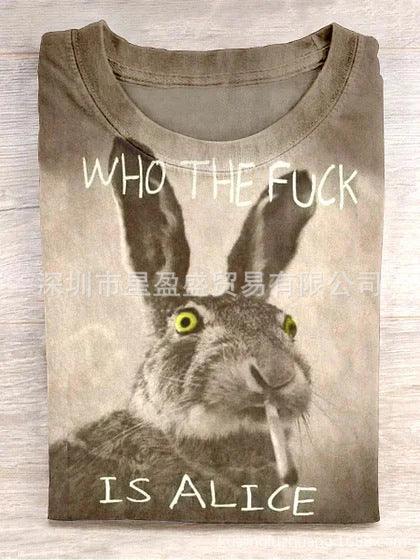 Folded beige graphic t-shirt with oversized rabbit print and bold text, relaxed streetwear fit