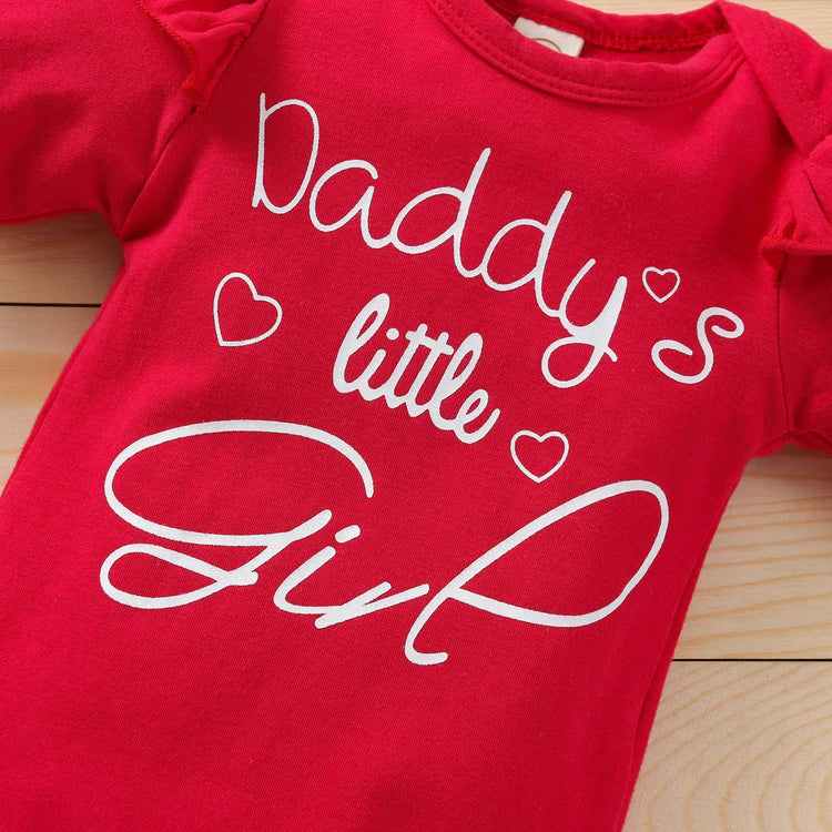 Red baby bodysuit with white script text and hearts, cotton fabric, long sleeves, relaxed fit