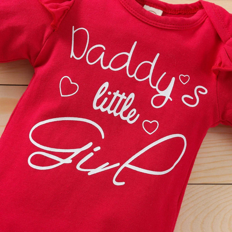 Red baby bodysuit with white script text and hearts, cotton fabric, long sleeves, relaxed fit