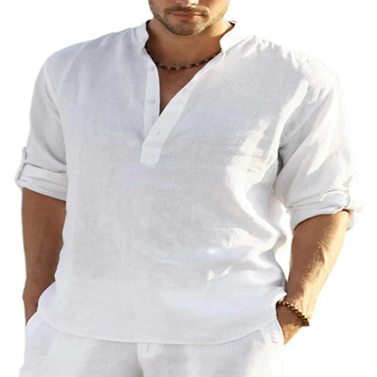 Men’s white linen long sleeve shirt with mandarin collar and relaxed fit, rolled cuffs