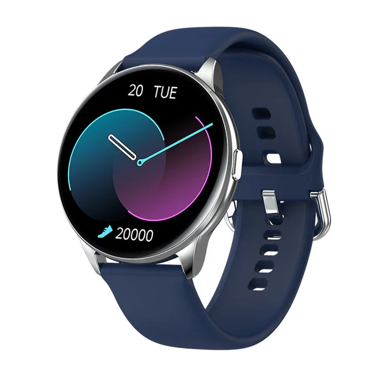 Modern round smartwatch with blue silicone strap, digital display, and fitness tracking interface