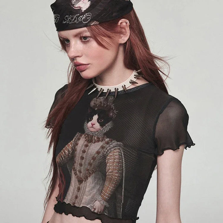 Sheer black mesh crop top with regal cat print, slim fit, edgy streetwear style