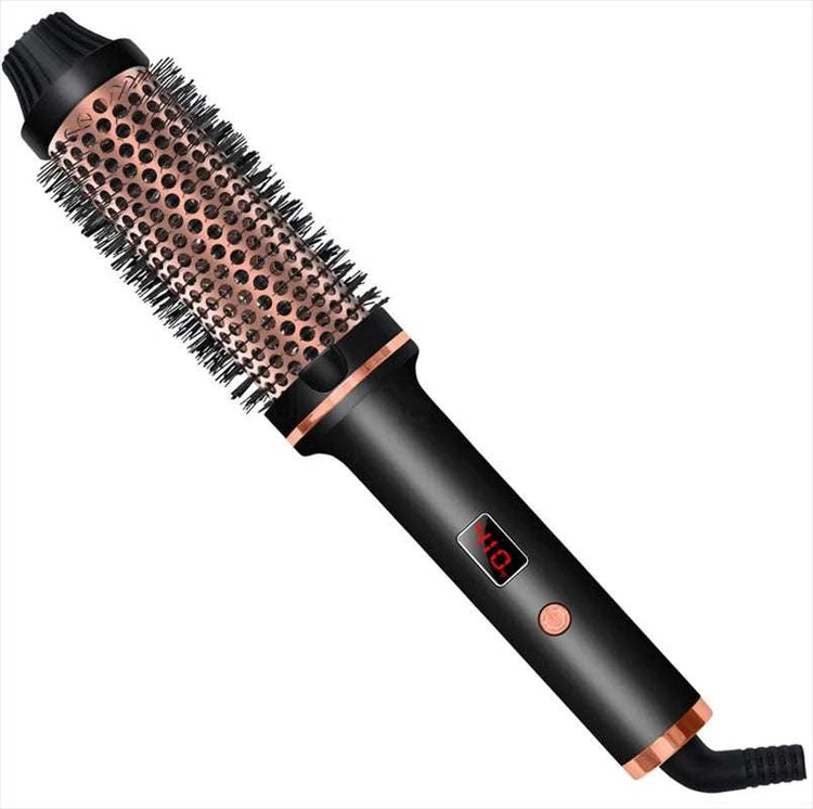 Black and rose gold round ceramic hair brush with digital display and bristles