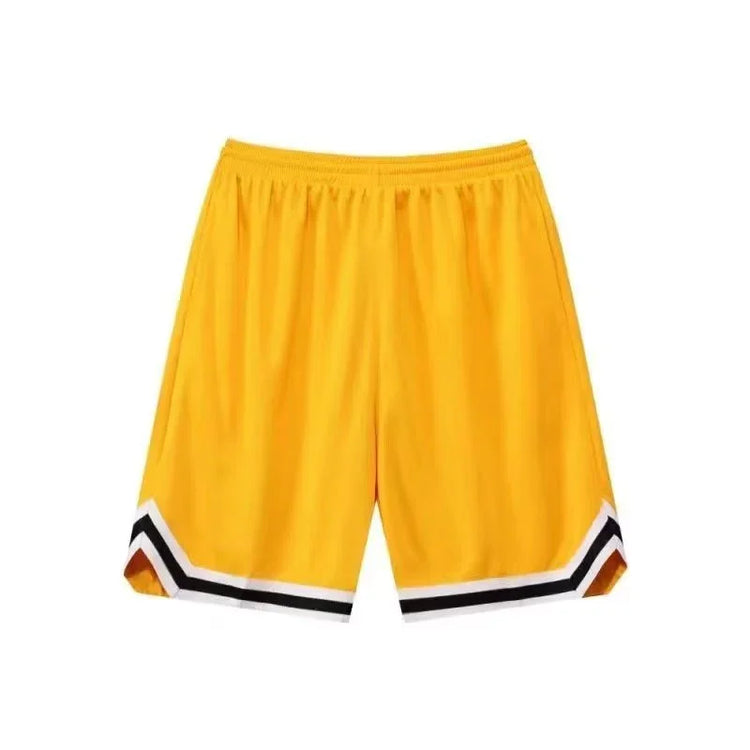 Yellow athletic shorts with black and white trim, loose fit, lightweight fabric