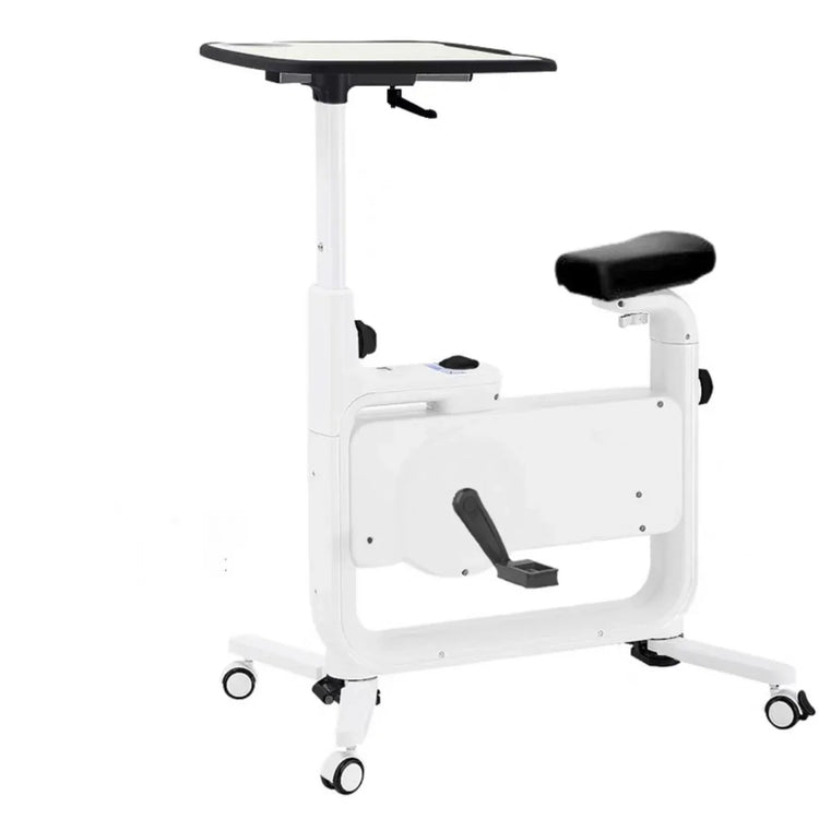 White adjustable desk bike with padded seat and built-in work surface, modern home office style