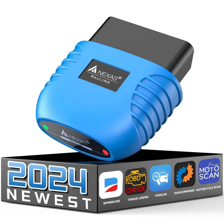 Blue OBD2 car diagnostic tool with 2024 newest label, compact plastic body, tech accessory