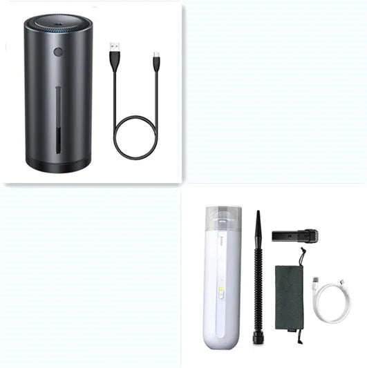 Compact portable vacuum cleaner in black and white with USB charging cables and detachable nozzles.