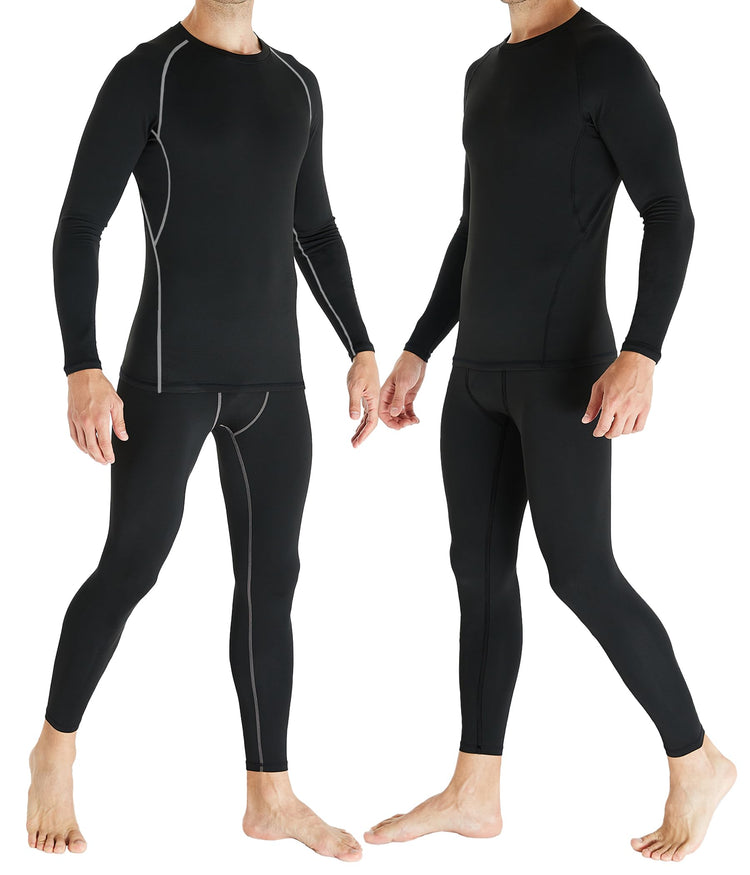 TELALEO 2 Set Mens Thermal Underwear fleece-lined black long johns base layer shirts and pants for winter
