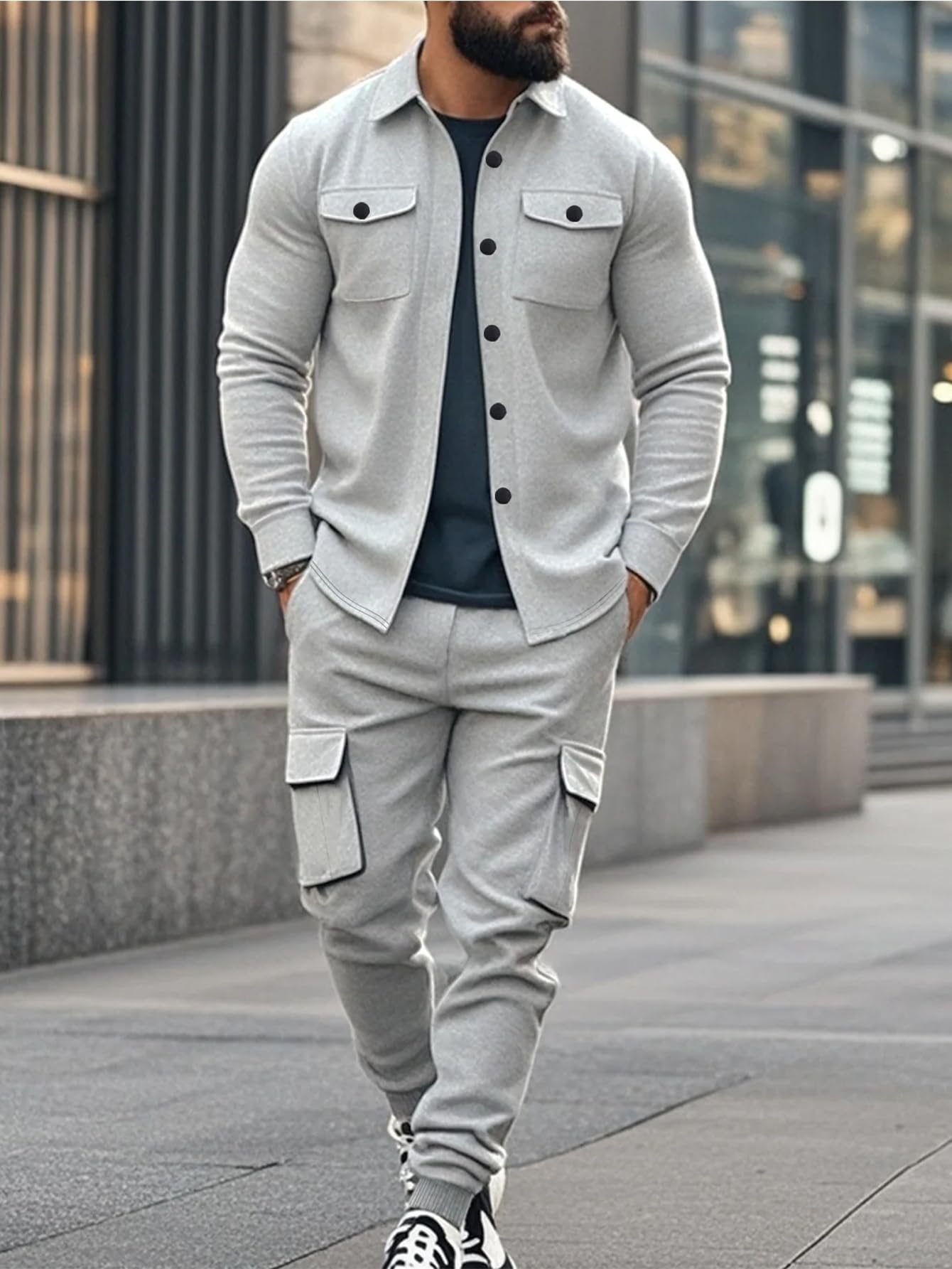 Riskrole Men's Fleece Cargo Jacket Tracksuit Set 2 Pieces Solid Color Long Sleeve Button up Jacket and Cargo Pants Set