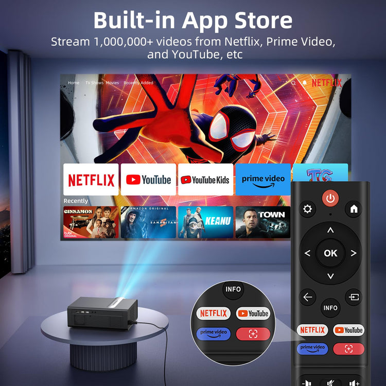Netflix Licensed Smart Projector streaming Netflix, YouTube, Prime Video with remote control and built-in app store