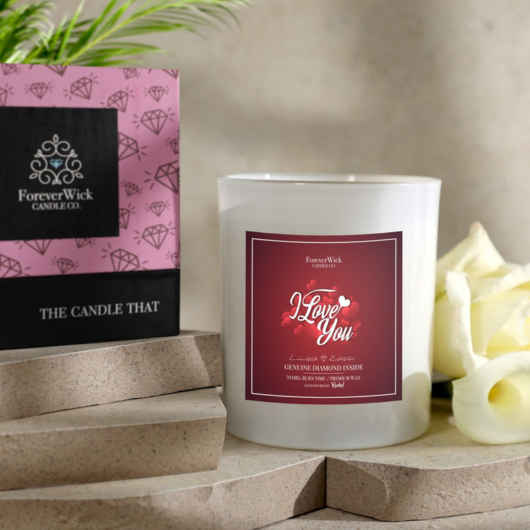 I Love You Candle with genuine diamond inside, scented soy candle by Foreverwick, romantic anniversary gift for women, white 14oz with raspberry and jasmine fragrance