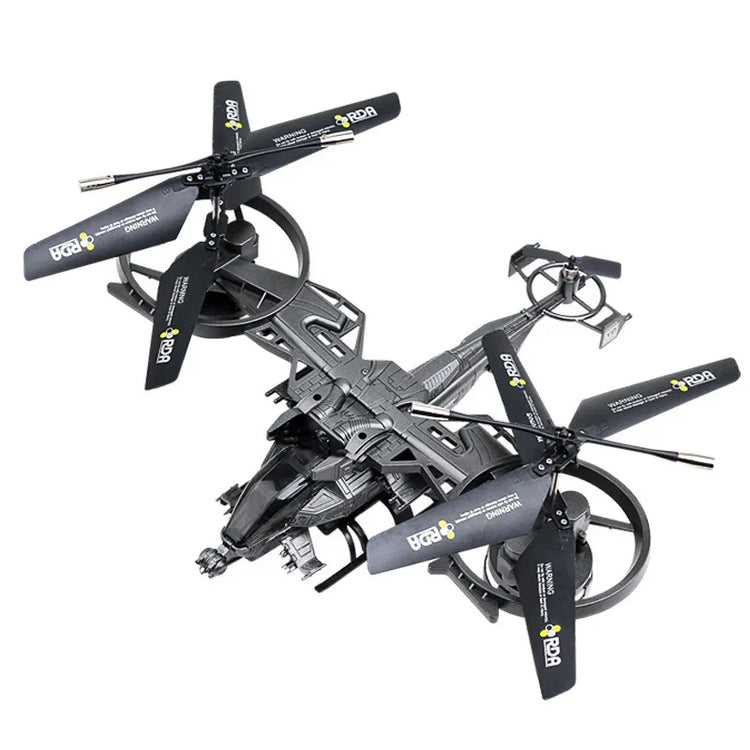 Black futuristic drone helicopter with four large rotors and sleek aerodynamic design