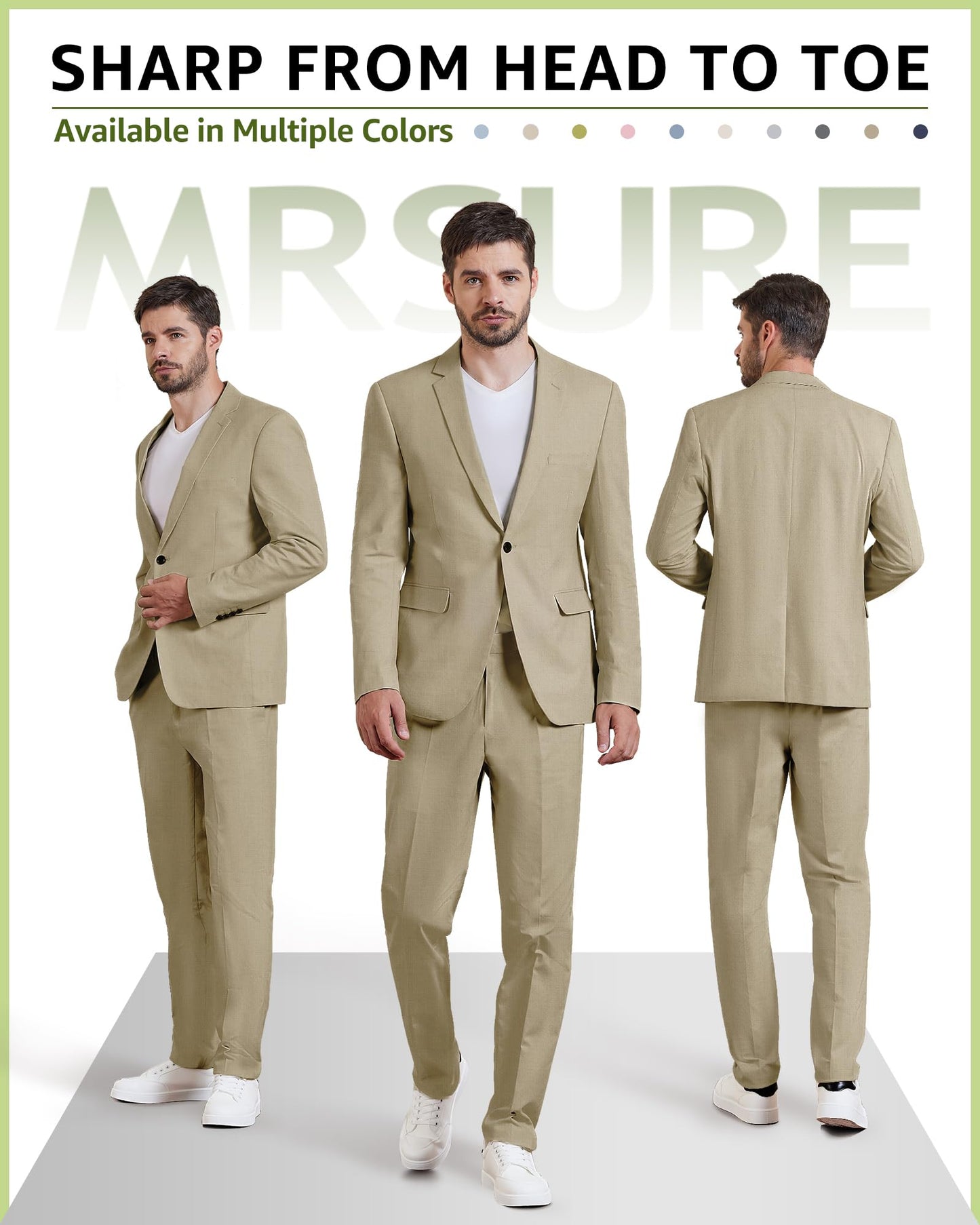 MrSure Mens 2 Piece Regular Fit Linen Suit, Casual Blazer Pants Set, Lightweight Jacket Trouser for Wedding Prom Carbon Medium