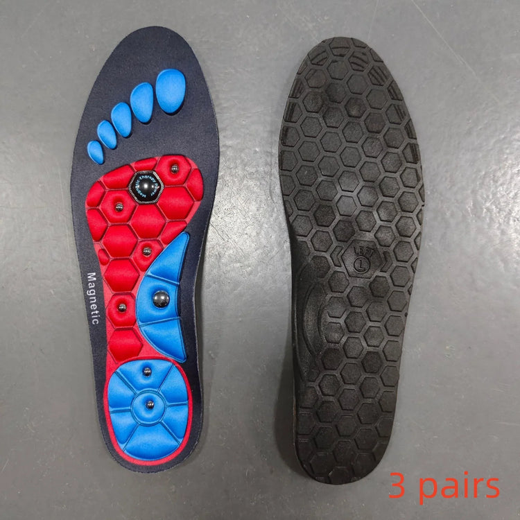 Pair of ergonomic insoles with blue and red cushioned pads, magnetic pressure points, and honeycomb rubber sole, designed for comfort and support.