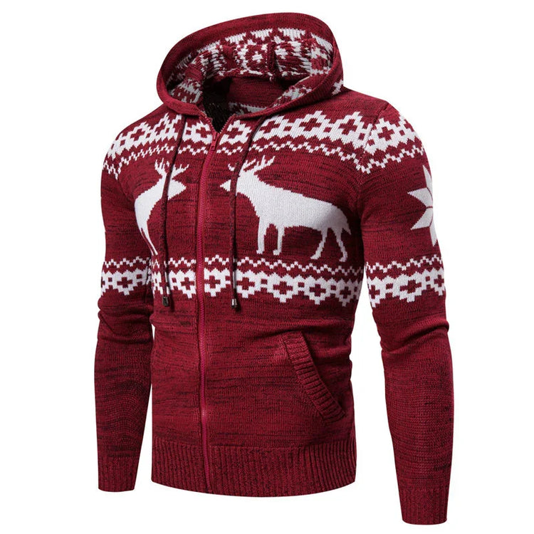 Red knitted zip-up hoodie with white reindeer and geometric patterns, fitted style