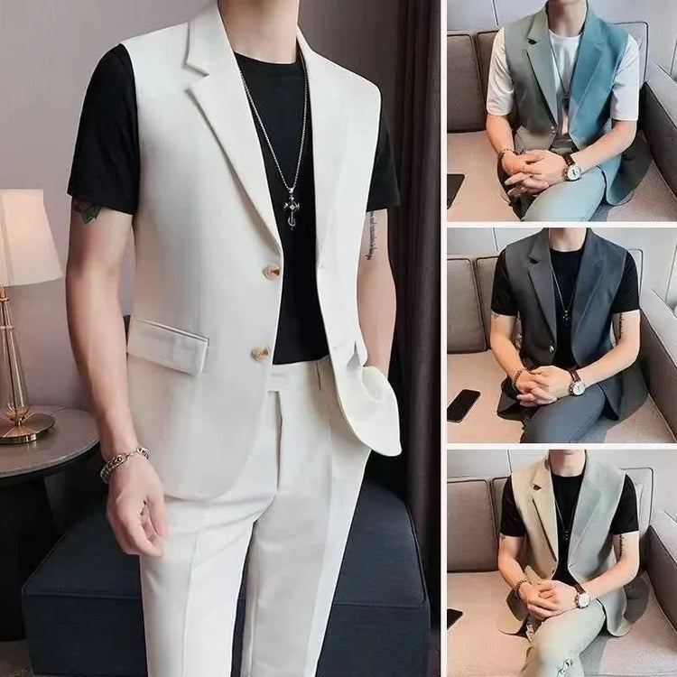 Men’s sleeveless blazer and pants set in multiple colors, modern fit, soft fabric, streetwear style