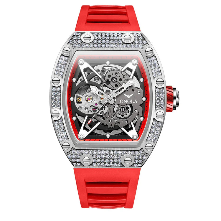 Futuristic skeleton watch with red silicone strap, jeweled bezel, and silver-tone open dial
