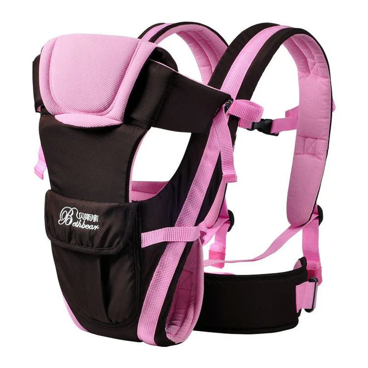 Black and pink adjustable baby carrier with padded straps and soft fabric material