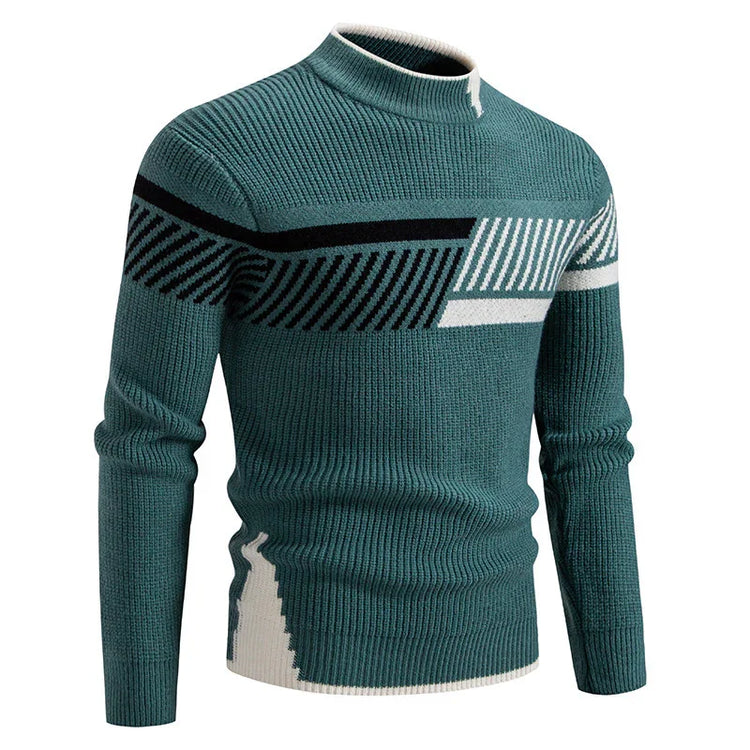 Teal knit sweater with geometric black and white patterns, ribbed texture, slim fit.