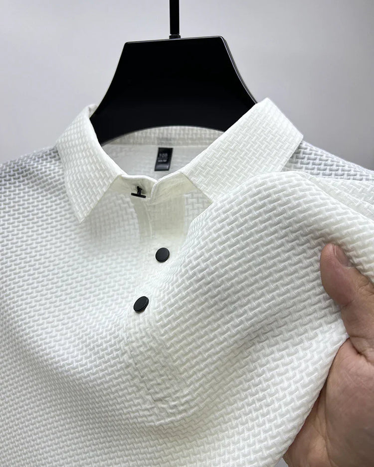 White textured polo shirt with black buttons, waffle knit fabric, slim fit style