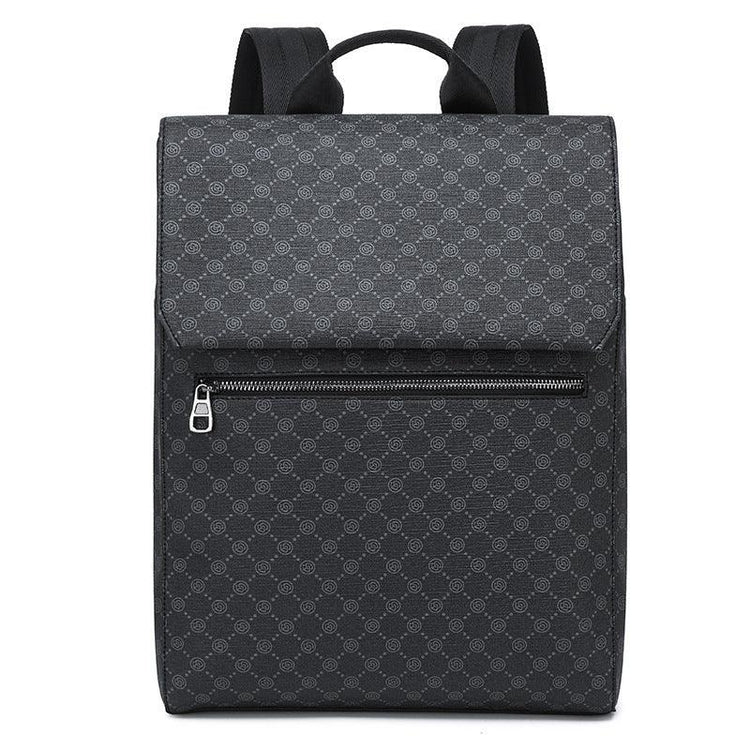 Black geometric patterned backpack with zipper front pocket, modern boxy design, structured fit