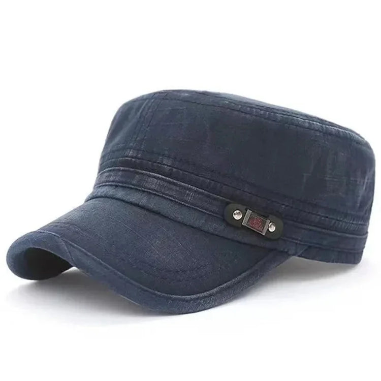 Dark blue denim military-style cap with curved brim and decorative side detail