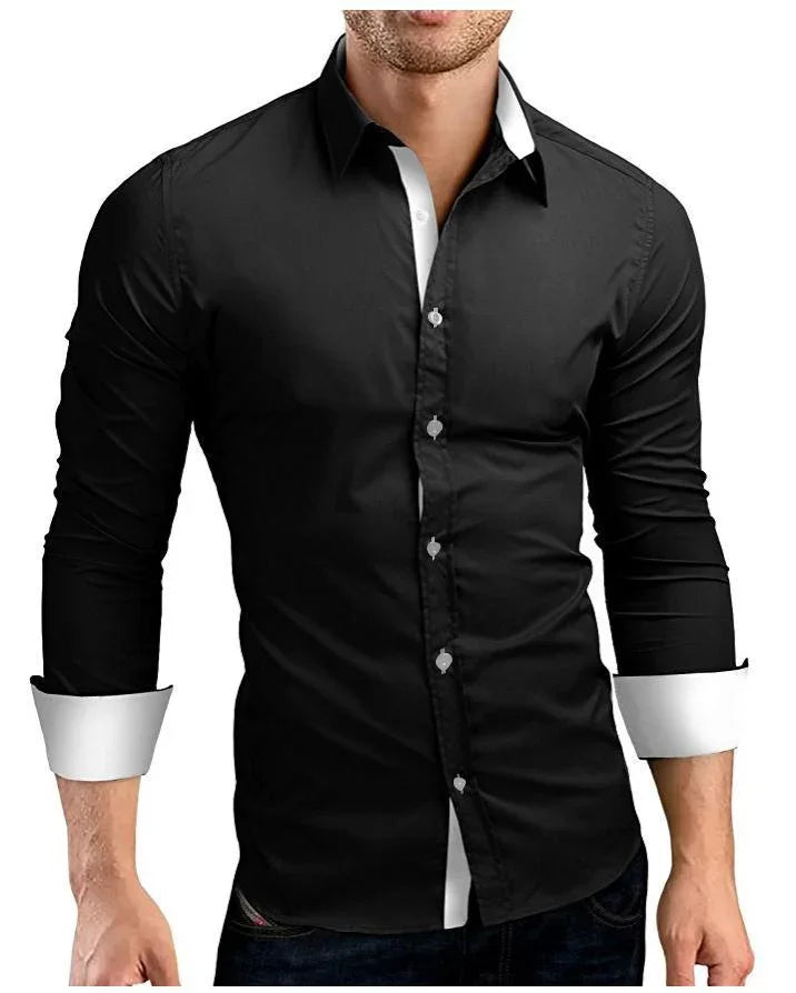 Slim fit black button-up shirt with white cuffs and collar, long sleeves, cotton blend.