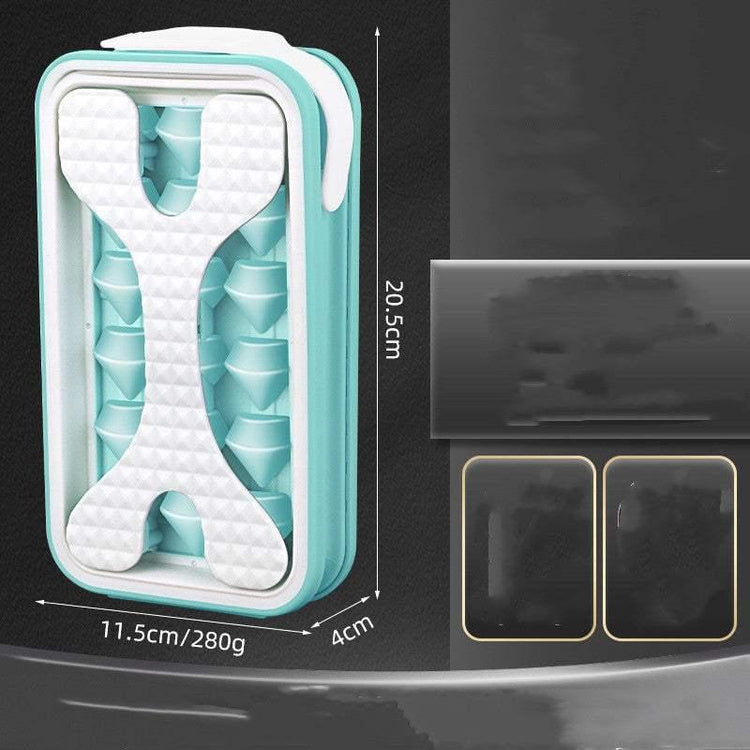Rectangular blue and white ice cube tray with geometric pattern and dimensions labeled