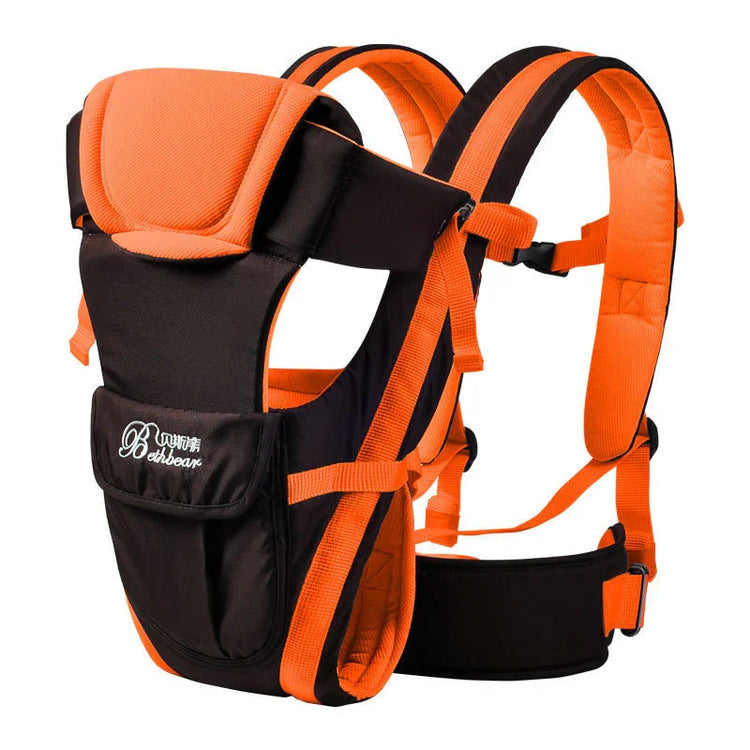Orange and black ergonomic baby carrier with padded straps and adjustable buckles