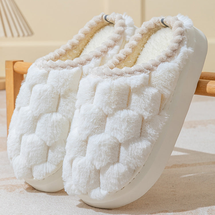 White plush slippers with textured faux fur upper and cozy indoor fit on neutral background