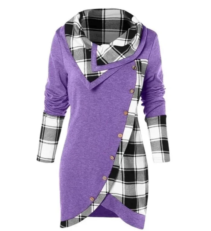 Purple long-sleeve tunic with black and white plaid accents, button details, relaxed fit