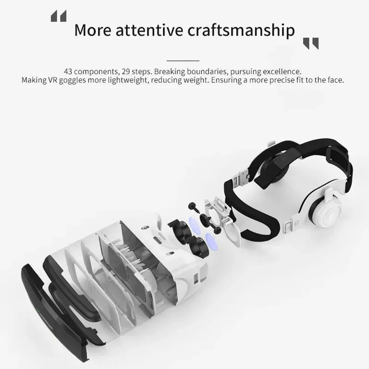 Exploded view of white and black VR headset, showing lightweight plastic components and adjustable head straps.