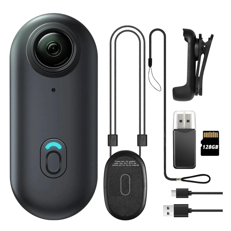 Black wearable camera kit with lanyard, USB adapter, clip, charging cables, and 128GB card