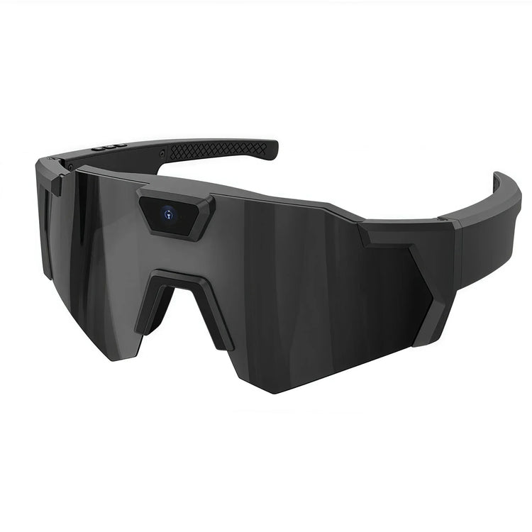 Futuristic black angular sunglasses with wide lenses and tech-inspired design
