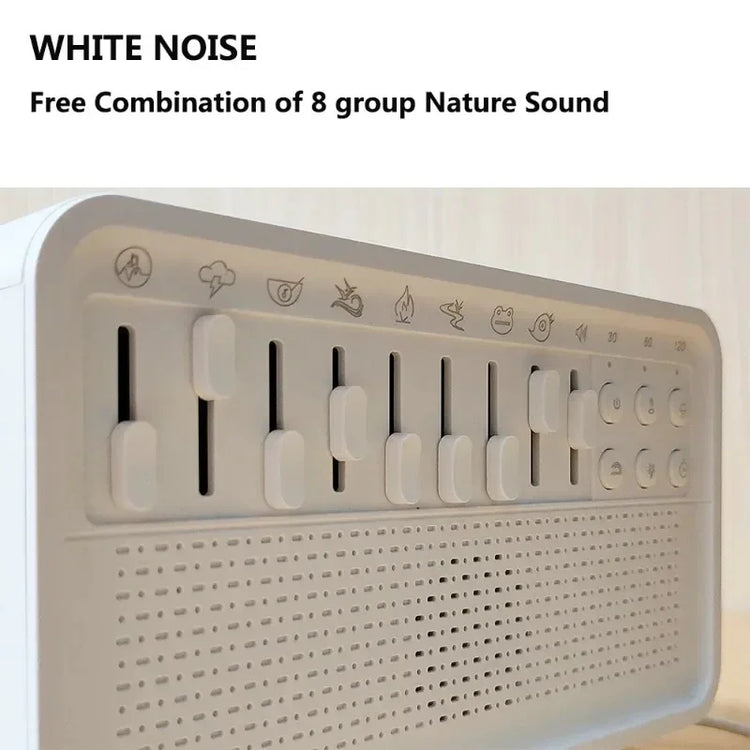 White rectangular white noise machine with nature sound sliders and control buttons.