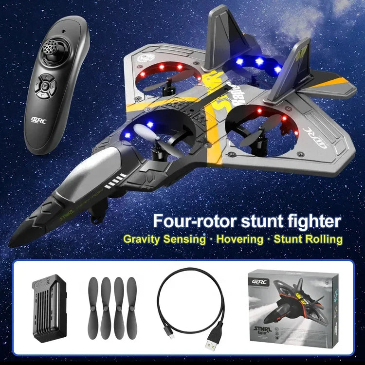 Futuristic quadcopter drone with four rotors, dual fins, glowing LED lights, and sleek black and yellow body, shown with remote control and accessories.