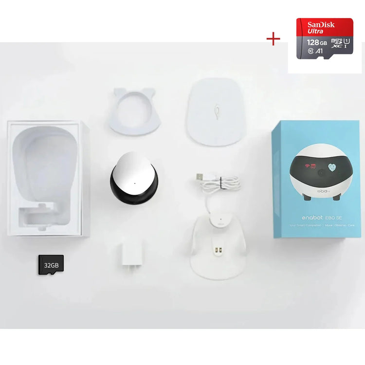 Futuristic tech gadget set with white and black components, charging base, USB cable, and microSD cards, on white background.