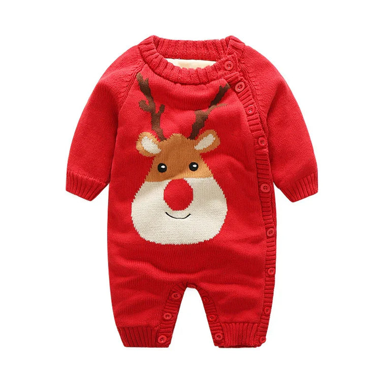 Red knit baby romper with reindeer graphic, long sleeves, side button closure, cozy fit