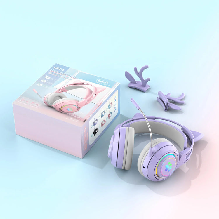 Purple and pink over-ear headphones with soft padding, cat ear attachments, and pastel accents