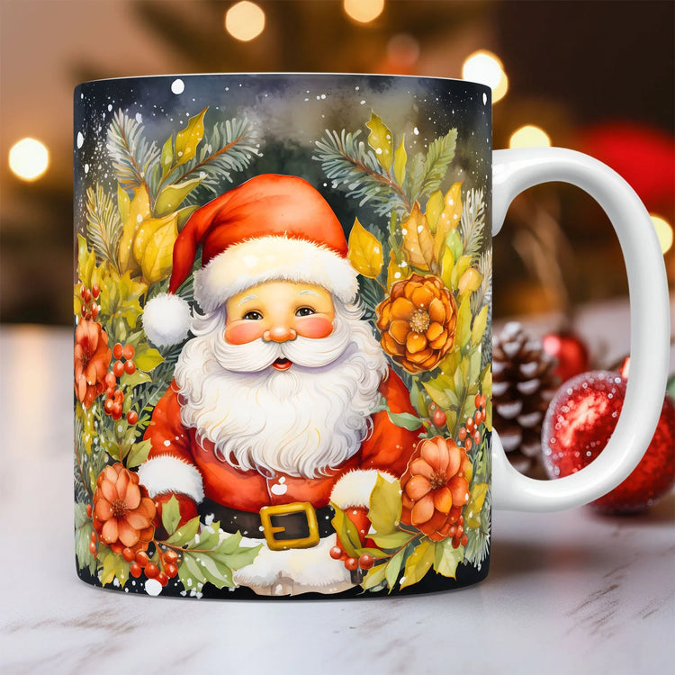 Festive mug featuring Santa Claus in a red suit with floral and pine holiday accents