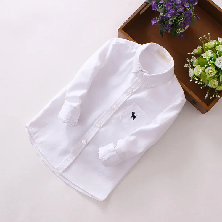 Long sleeve white cotton button-up shirt with pocket and black embroidered dog, classic fit