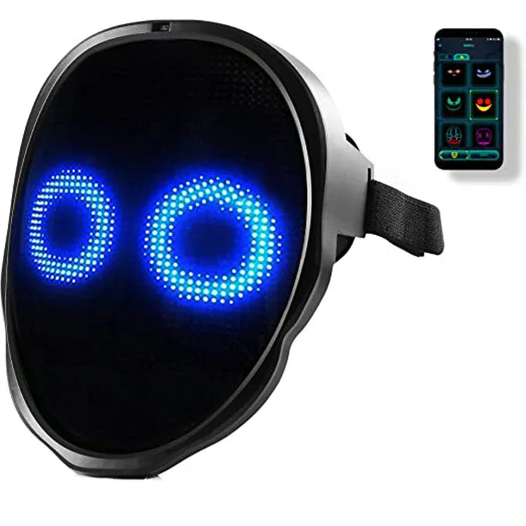 Futuristic black LED face mask with adjustable strap, blue animated eyes, tech streetwear accessory