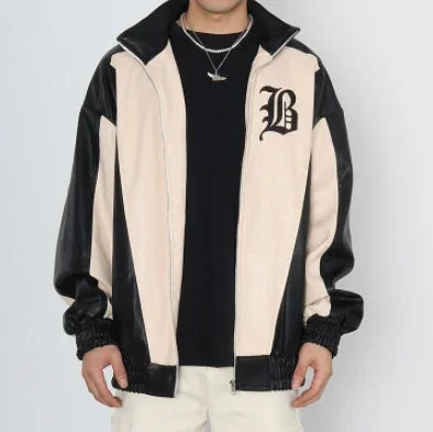 Beige and black colorblock streetwear jacket with relaxed fit and large letter detail on chest